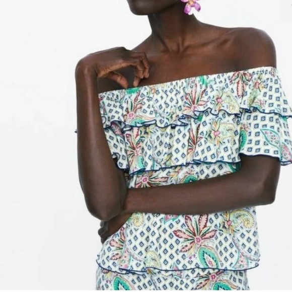 Zara floral paisley off the shoulder tiered ruffle blouse top small - Picture 1 of 7